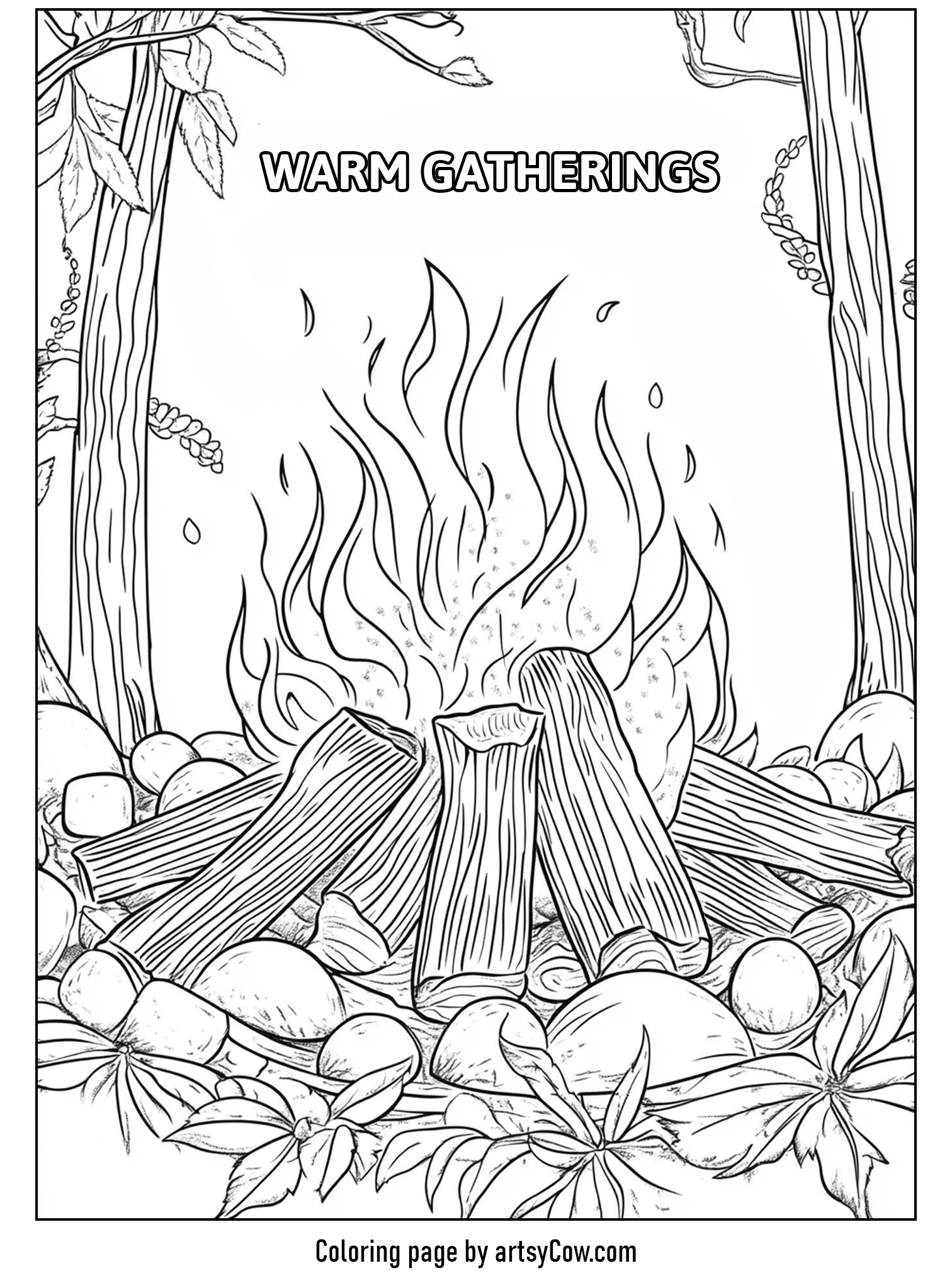 thanksgiving coloring pages for adults with a bonfire surrounded by logs and leaves under the title 'Warm Gatherings'.